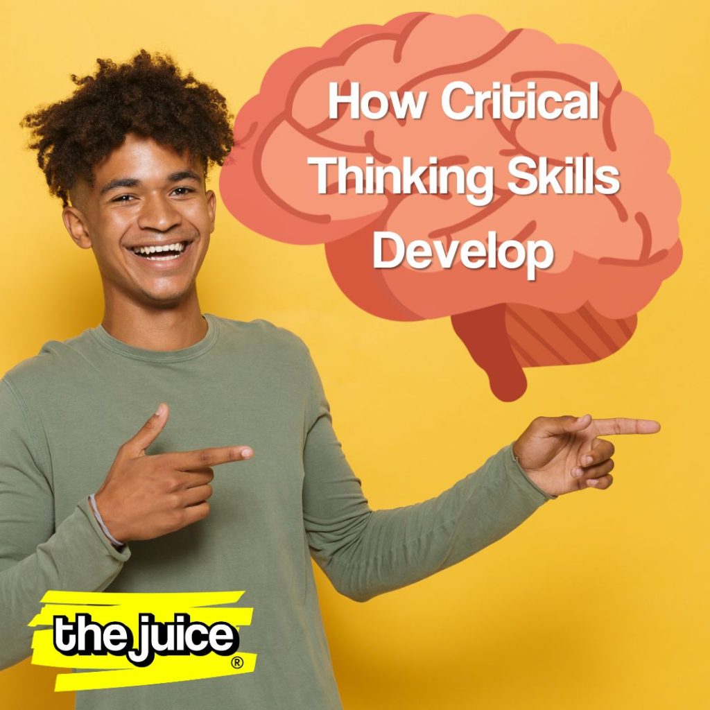 Happy teenager with a graphic of a brain next to him and the title "How Critical Thinking Skills Develop"