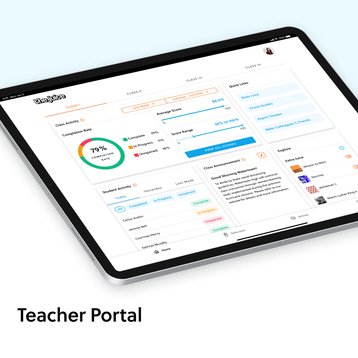 To meet your kids where they are, you need to know where they are. The teacher portal tracks individual and class progress towards standards mastery. It also provides real-time monitoring of student activity.