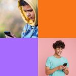 a square with two photos, both of teens on their smartphones