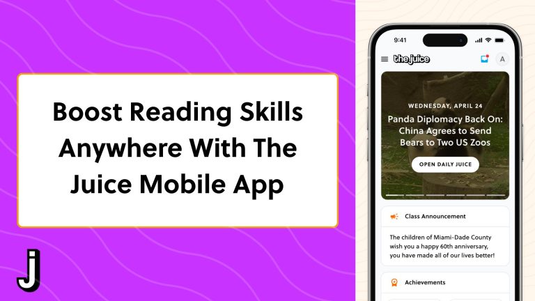 Blog header that reads "Boost Reading Skills Anywhere With The Juice Mobile App" with a screenshot of the app on an iphone