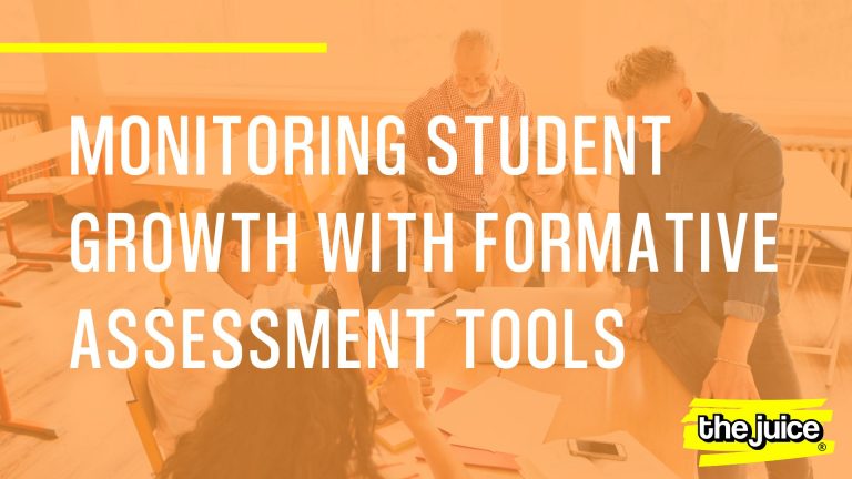 Blog header with teacher helping students. Text reads "Monitoring Student Growth with Formative Assessment Tools"