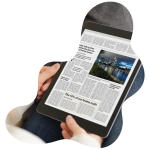 image of someone holding a tablet with a newspaper graphic on it