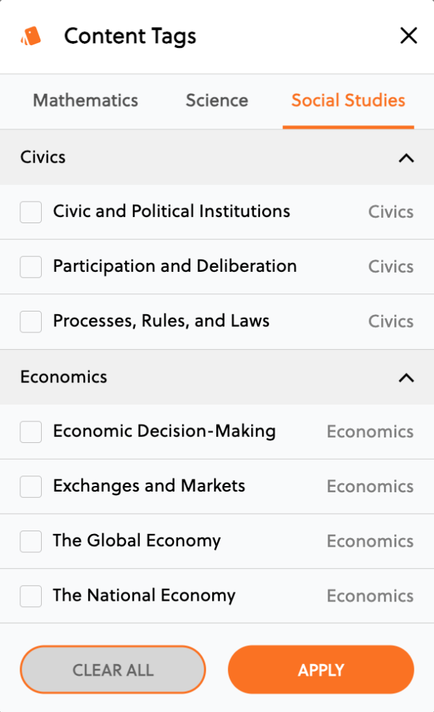 image of the social studies content tags on the juice platform