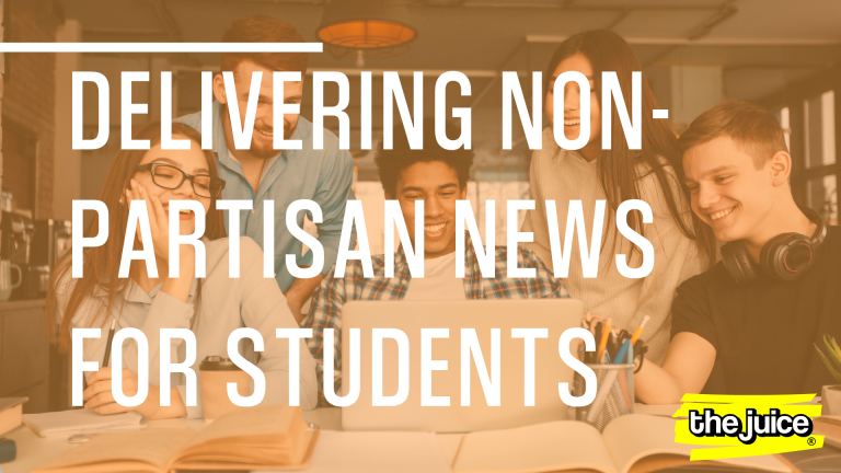 Blog Featured Image Delivering Non-Partisan News for Students with Students Sitting Around a Computer Together