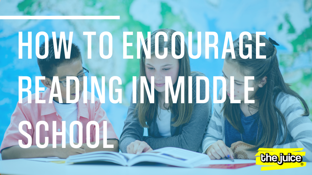 The words- How to encourage reading in middle school over a photo of middle school students reading together