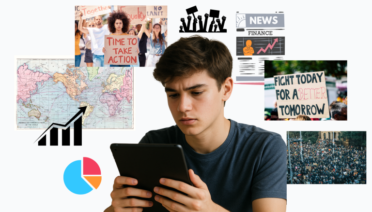 blog feature image student holding tablet with article graphics surrounding his head