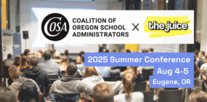 Image of someone giving a presentation to a full auditorium at a conference with the COSA logo and event details overlaid. COSA summer conference X The Juice, Aug 4-5, Eugene, OR